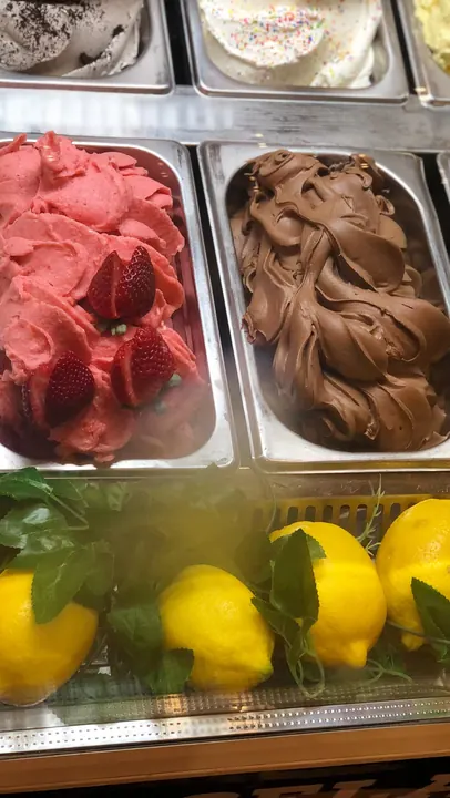 The Bellas Gelato counter with strawberry, chocolate and fresh lemons