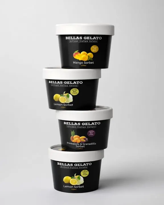 Bellas Gelato sorbet tubs stacked